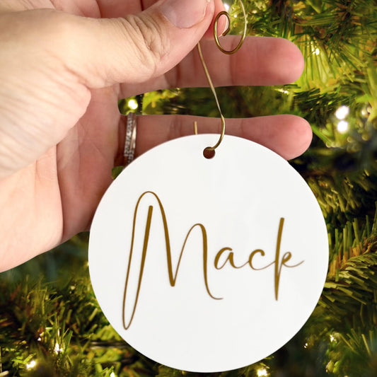 Personalised christmas tree ornament, custom name decoration with decorative hook, simple white modern xmas keepsake, 2024 family ornament