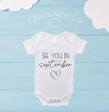 Pregnancy announcement custom baby bodysuit, see you soon pregnanc reveal onsie, personalised due date newborn romper, baby shower gift