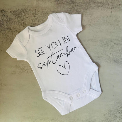 Pregnancy announcement custom baby bodysuit, see you soon pregnanc reveal onsie, personalised due date newborn romper, baby shower gift